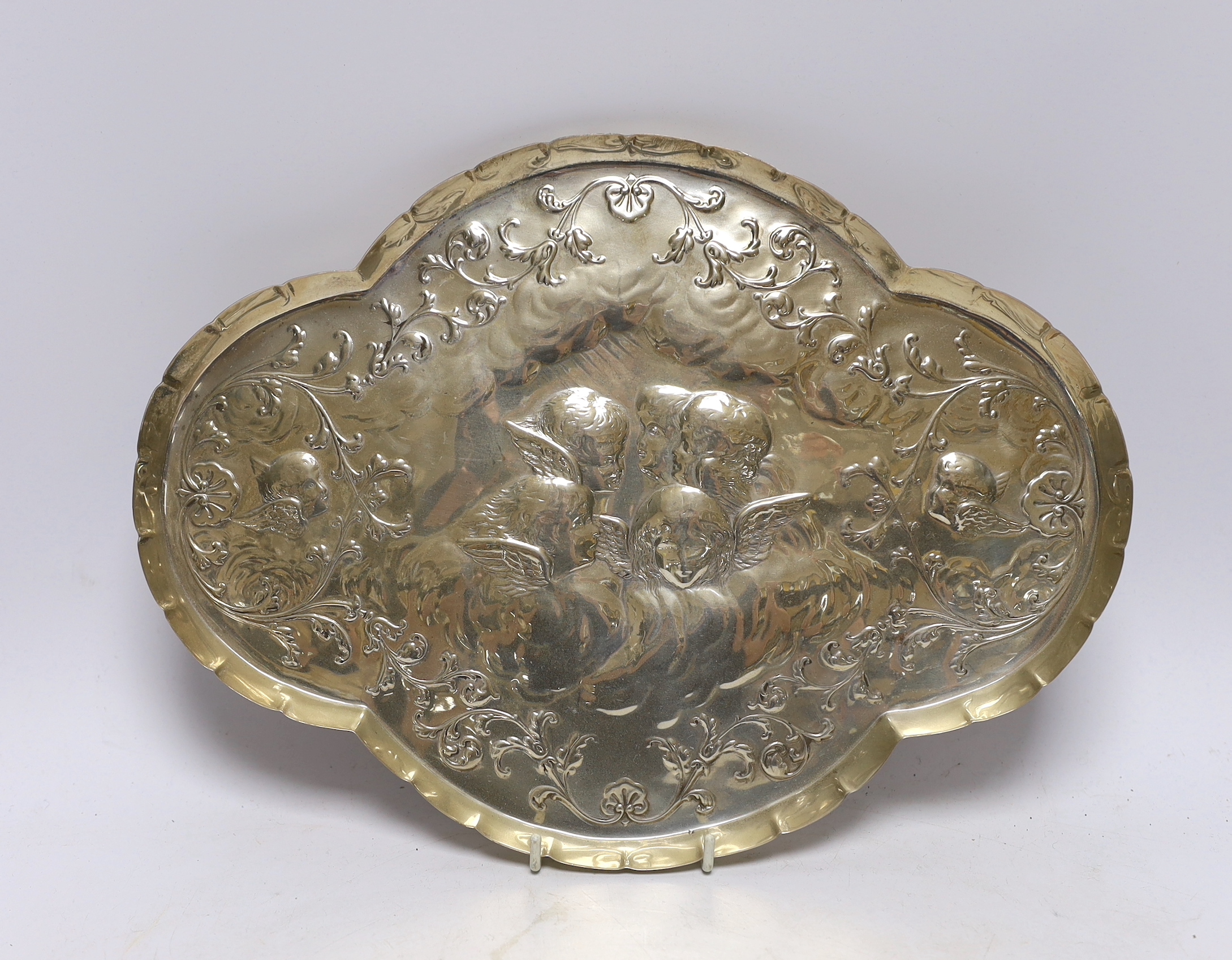 A late Victorian silver 'Reynold's Angels' dressing table tray, by William Comyns, London, 1897, 30.9cm